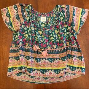 Bell Green & Pink Floral Print Flutter Sleeve Tassel Blouse Silk/Cotton Size S